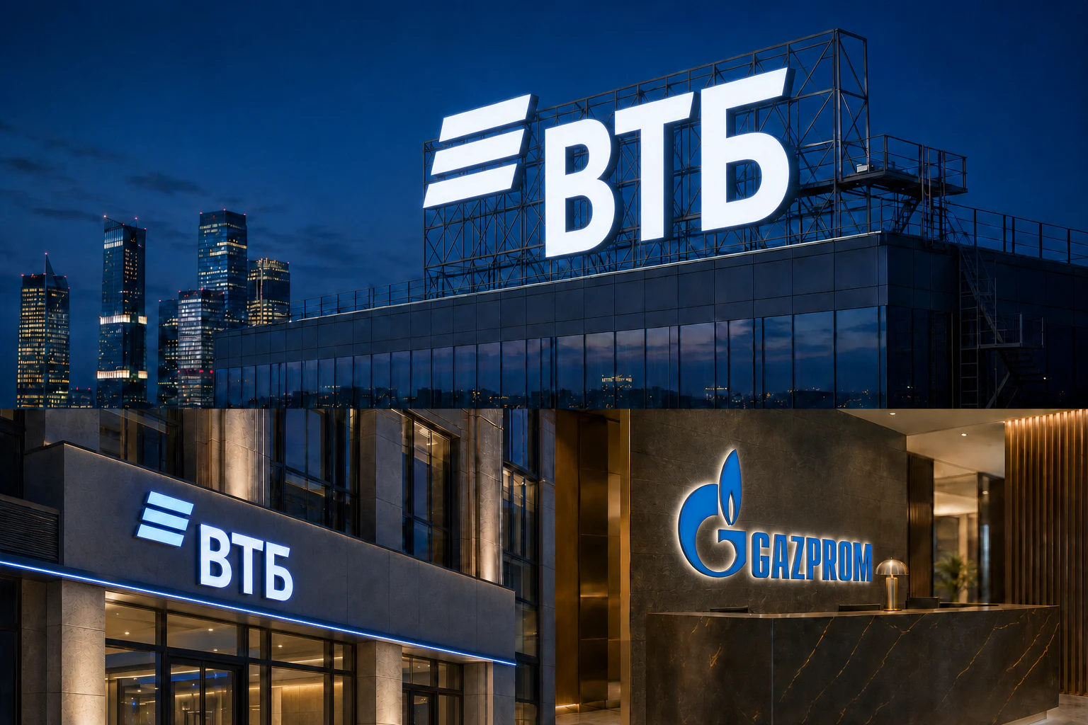Крышная и фасадная вывески ВТБ и интерьерная вывеска Газпром